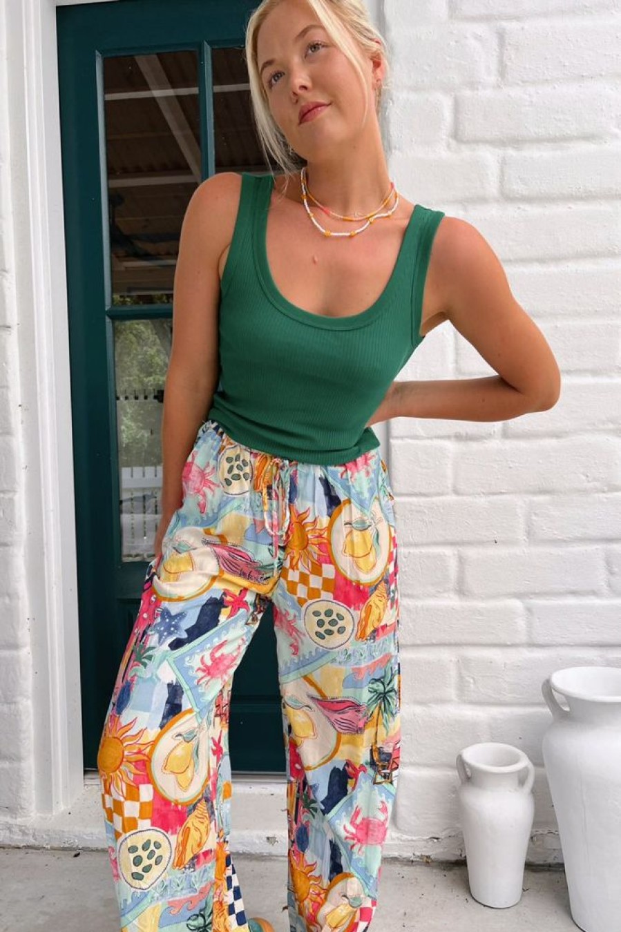 Bottoms jaase | Jaase - Cici Pants: Mid Rise Relaxed Wide Leg Pant In Santa Maria Print