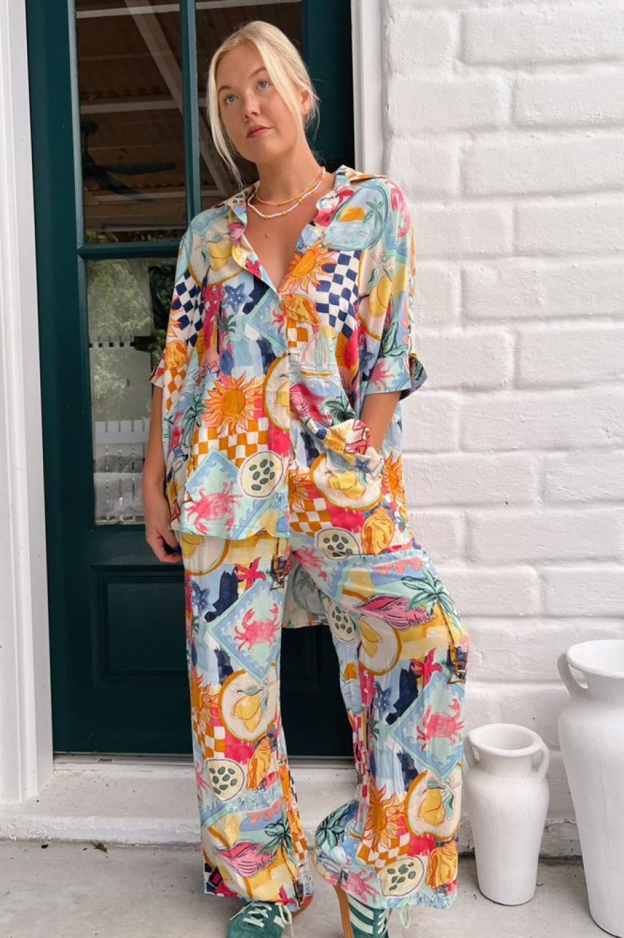 Bottoms jaase | Jaase - Cici Pants: Mid Rise Relaxed Wide Leg Pant In Santa Maria Print