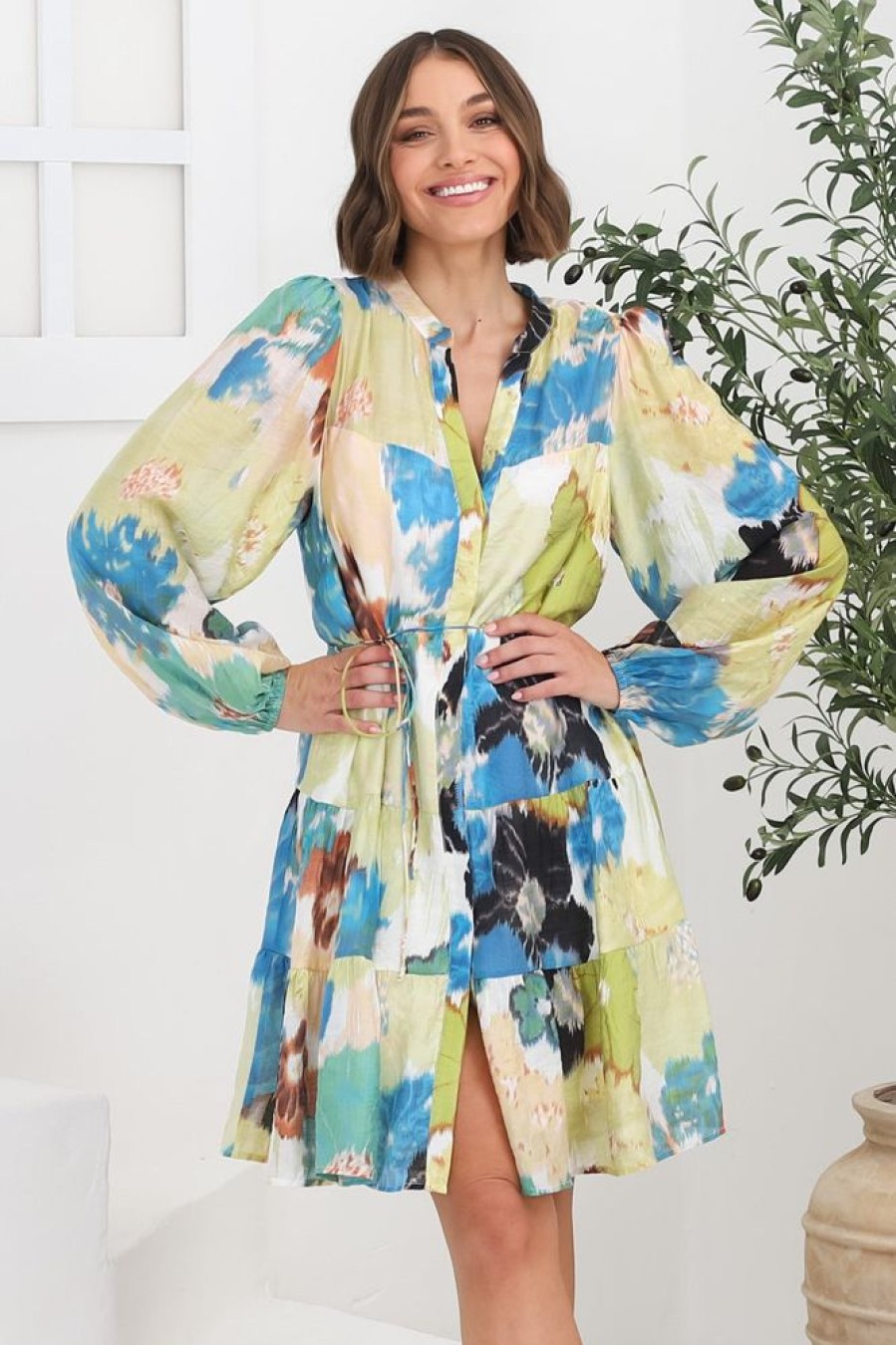 Dresses Salty Crush | Cadell Mini Dress: Mandarin Collar Buttoned Down Dress Cadiz Print