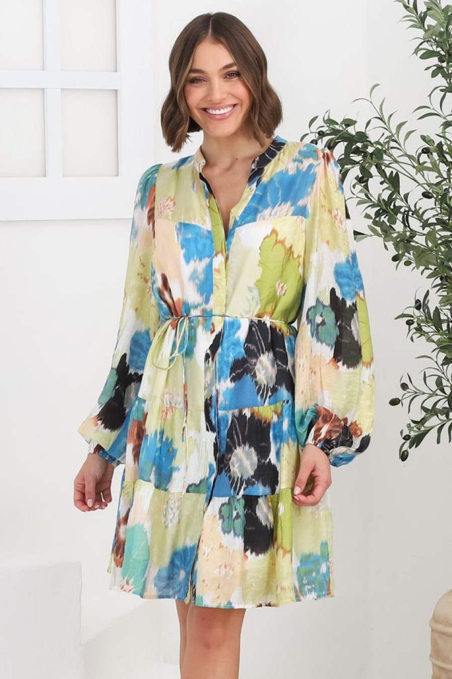 Dresses Salty Crush | Cadell Mini Dress: Mandarin Collar Buttoned Down Dress Cadiz Print