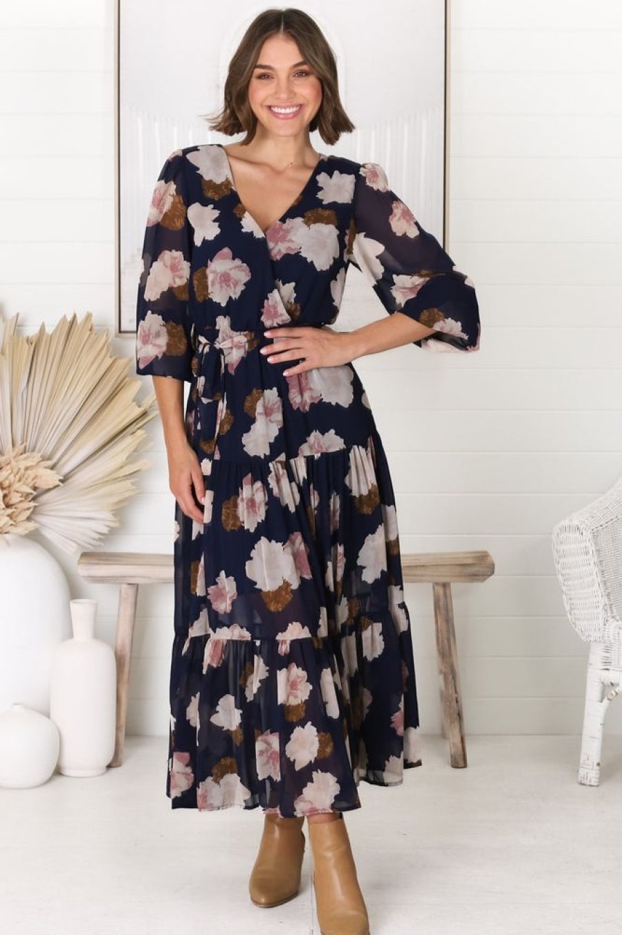 Dresses Salty Crush | Valina Maxi Dress - Cross Over V Neckline Tiered Dress In Vika Print Navy