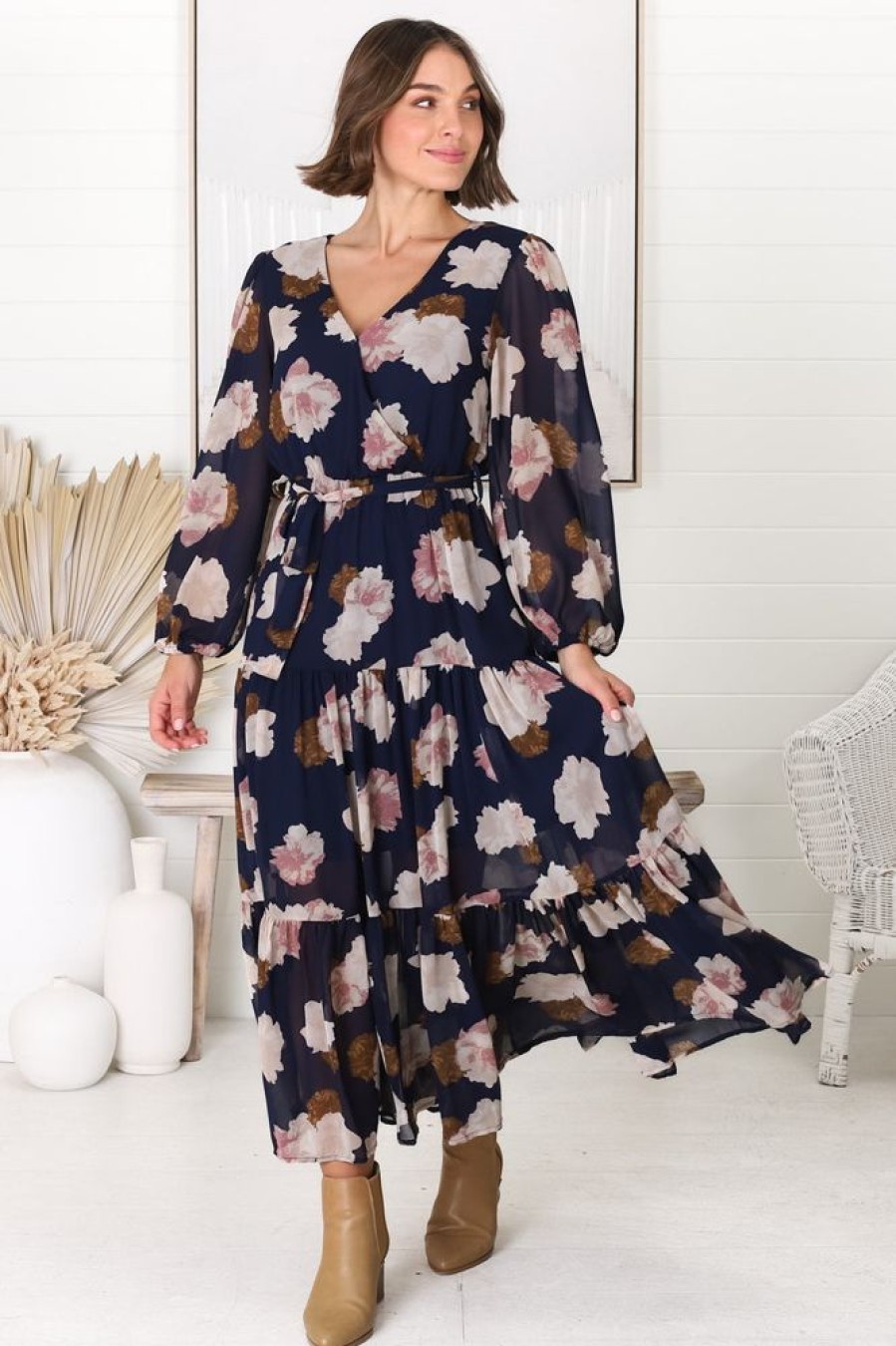 Dresses Salty Crush | Valina Maxi Dress - Cross Over V Neckline Tiered Dress In Vika Print Navy