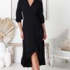 Dresses Salty Crush | Odilah Midi Dress - 3/4 Sleeve Wrap Dress In Black