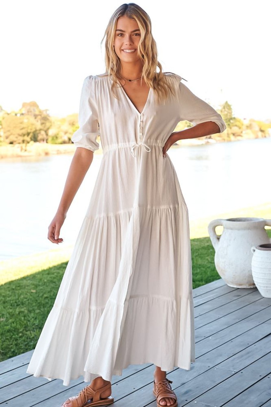 Dresses JAASE | Jaase - Tessa Maxi Dress: A Line Pull Tie Waist Dress In White Poppy