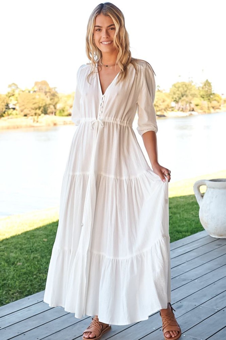 Dresses JAASE | Jaase - Tessa Maxi Dress: A Line Pull Tie Waist Dress In White Poppy