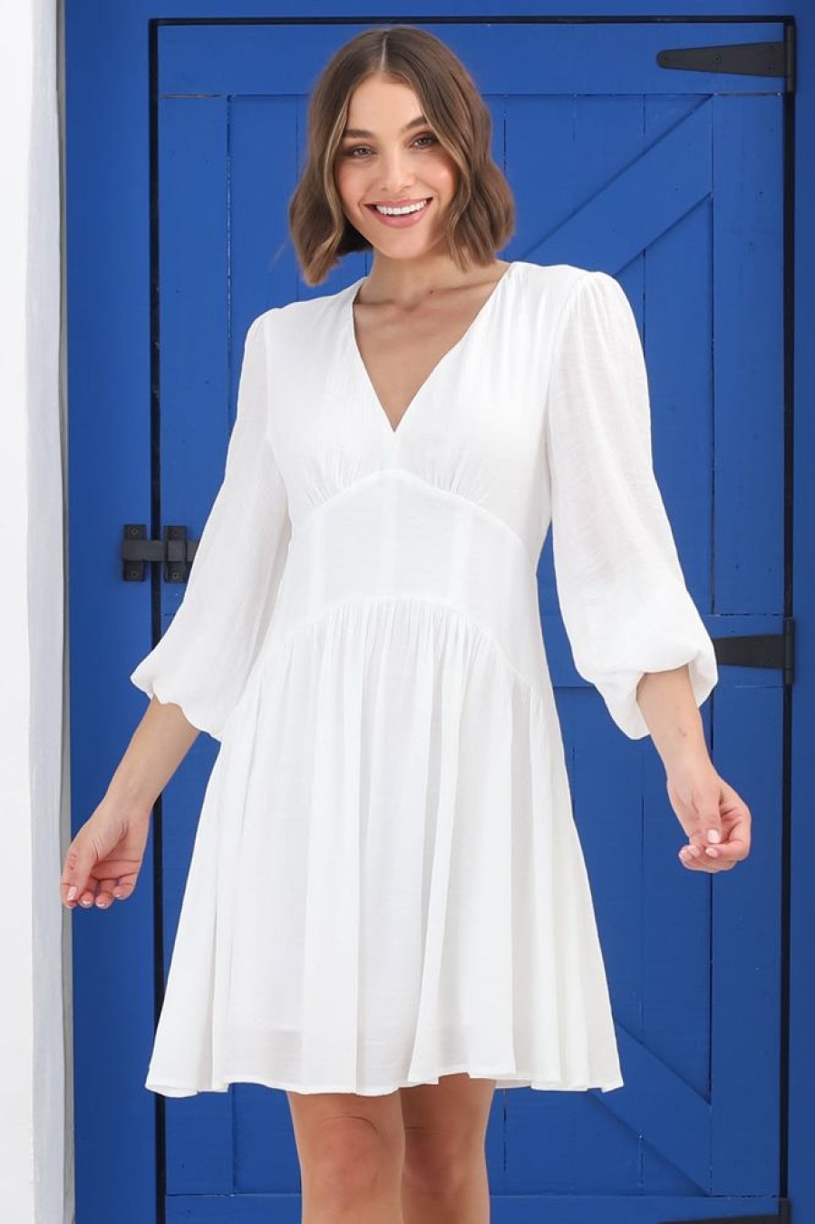 Dresses Salty Crush | Theon Mini Dress - Fit And Flare Long Sleeve Dress In White
