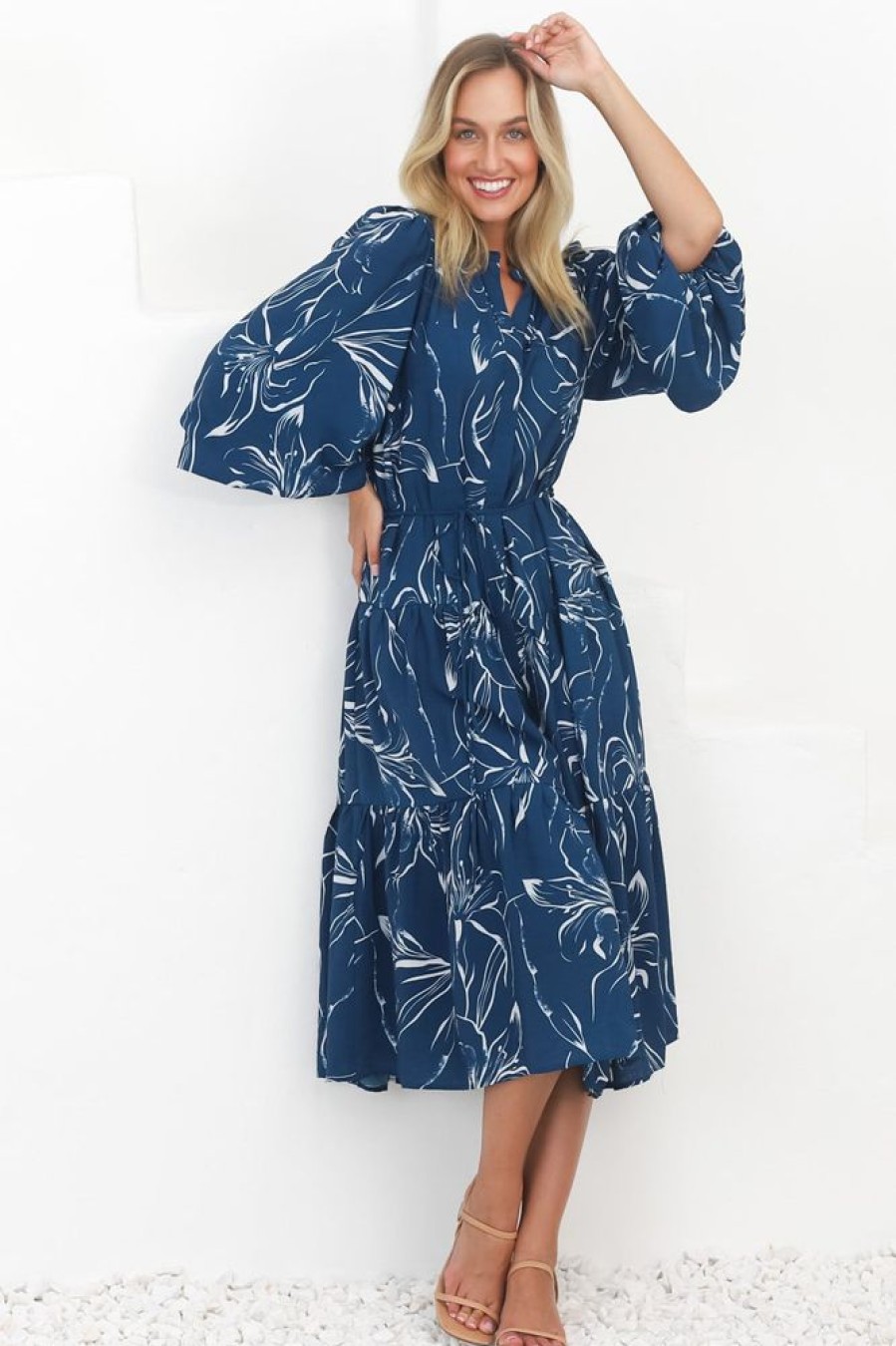 Dresses Salty Crush | Brea Midi Dress - High Mandarin Collar Button Down Dress In Ivy Print Blue
