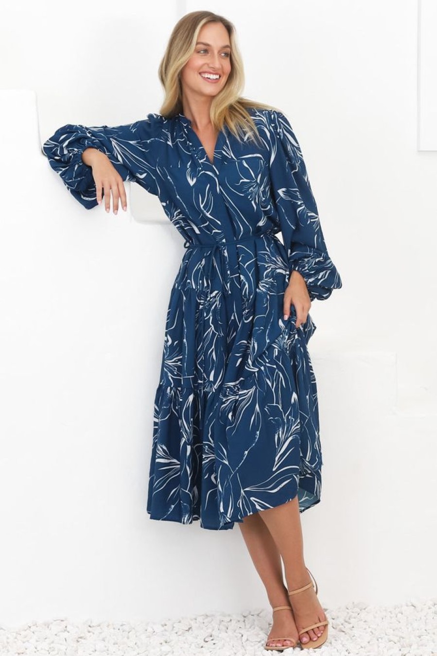 Dresses Salty Crush | Brea Midi Dress - High Mandarin Collar Button Down Dress In Ivy Print Blue