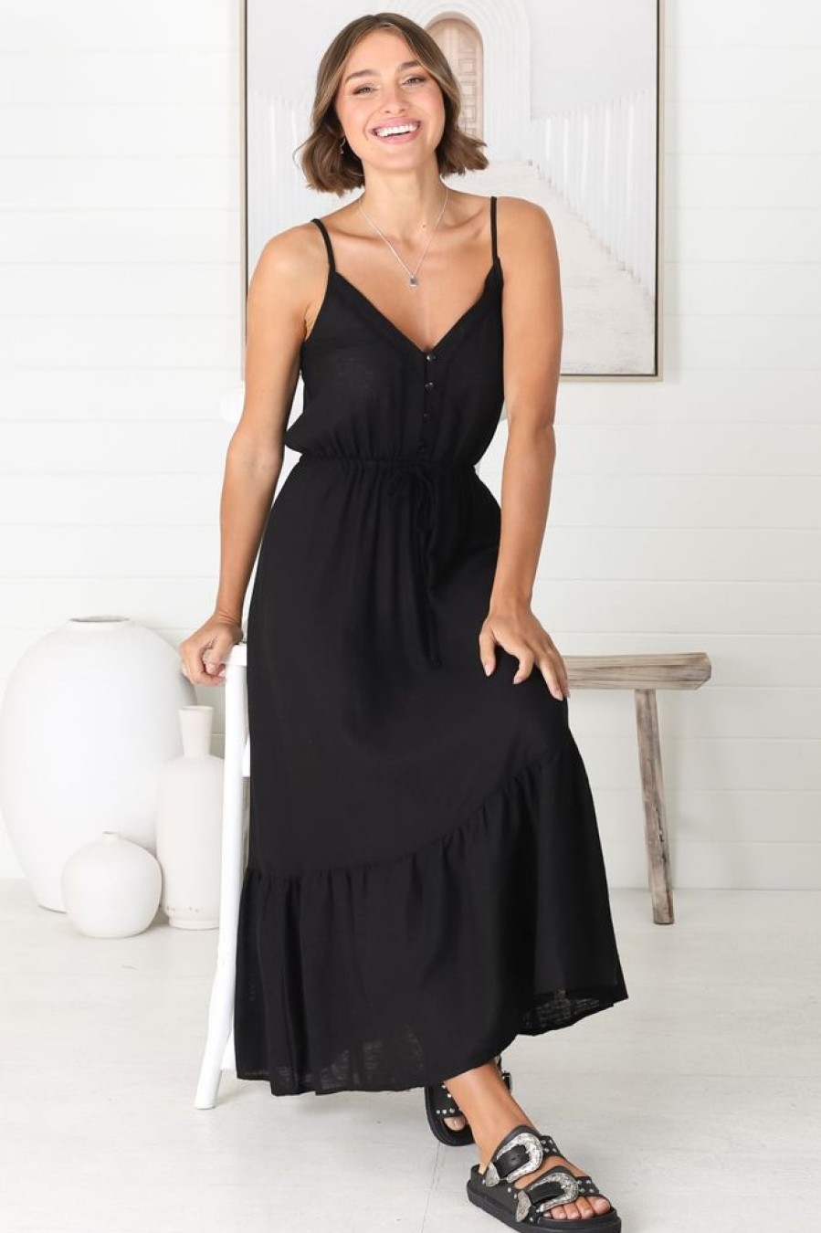 Dresses Salty Crush | Ansel - Livy Linen Maxi Dress - Black