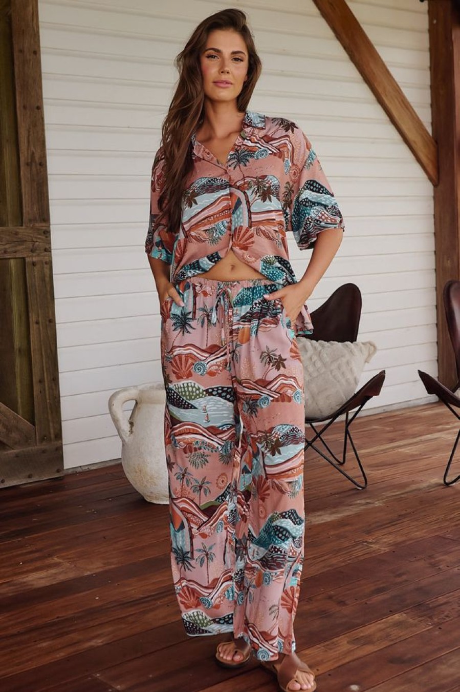 Bottoms jaase | Jaase - Cici Pants: Mid Rise Relaxed Wide Leg Pant In Lakeside Serenity Print