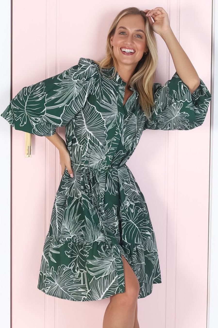 Dresses Salty Crush | Cadell Mini Dress: Mandarin Collar Buttoned Down Dress Palm Print In Green