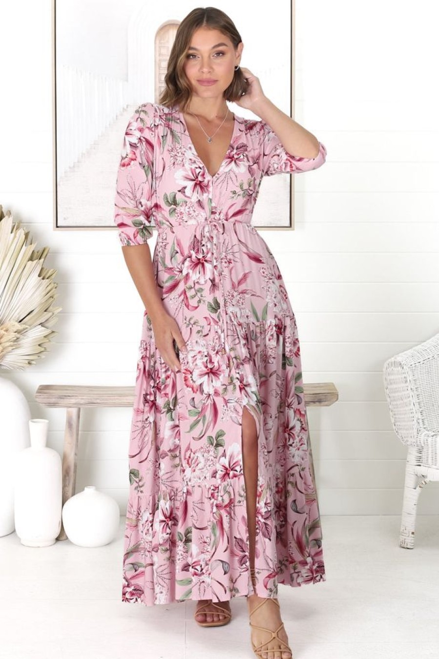 Dresses JAASE | Jaase - Tessa Maxi Dress: A Line Pull Tie Waist Dress In Pink Lotus Print