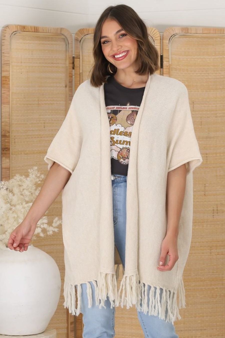 Jackets/Knitwear Salty Crush | Villas Cardigan - Open Front Throw Over Cardigan In Cream