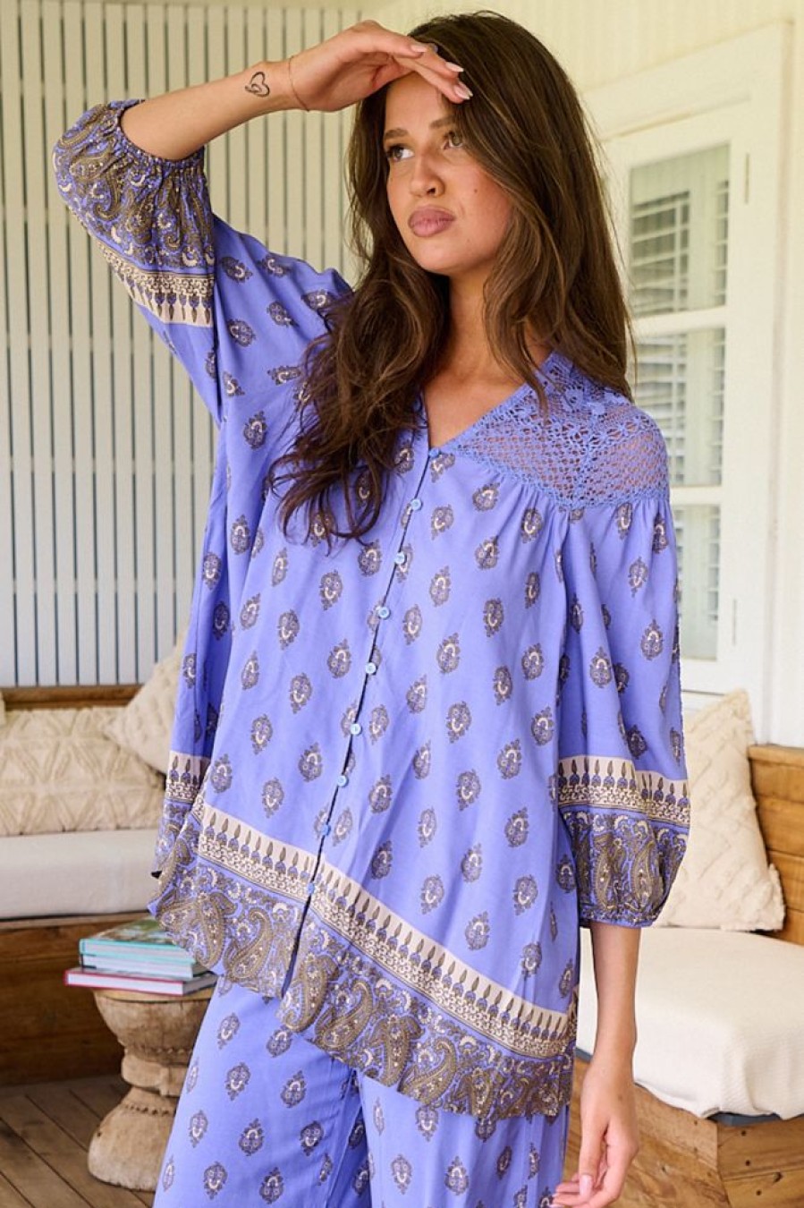 Jaase JAASE | Jaase - Florence Blouse: Lace Shoulders Button Down Blouse In Jacaranda Print