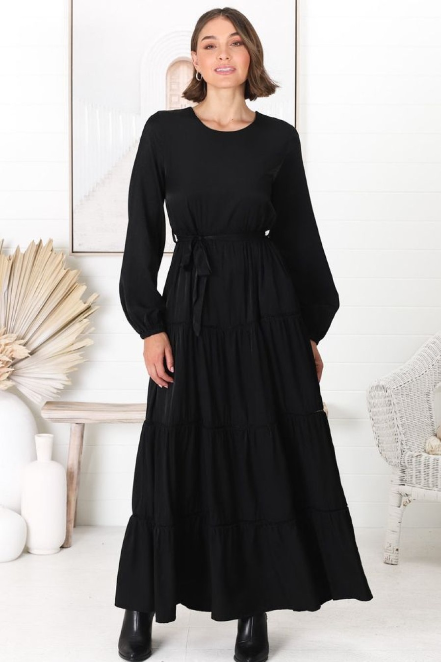 Dresses Salty Crush | Binita Maxi Dress - Tiered Dress With Matching Belt In Black