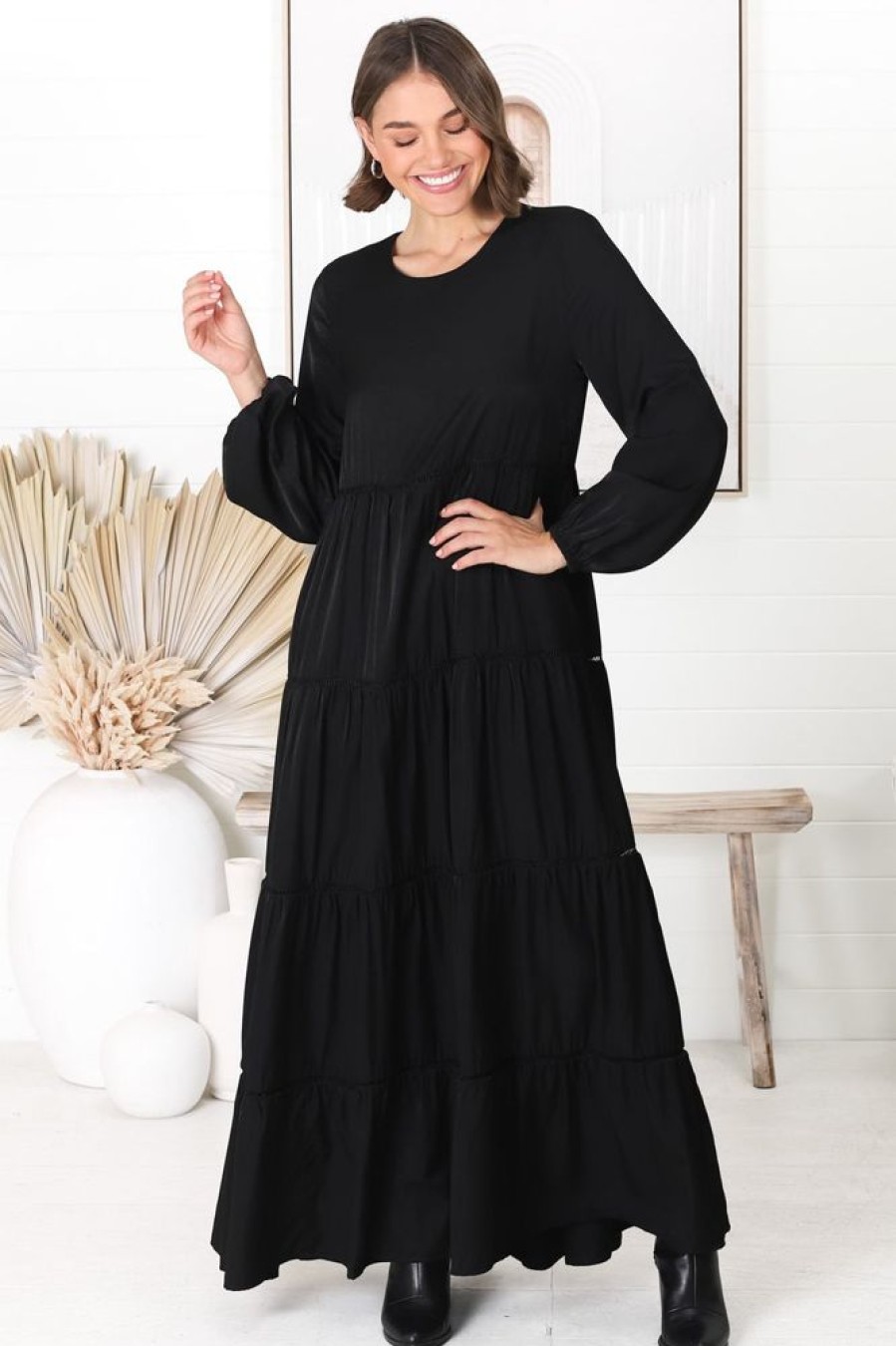 Dresses Salty Crush | Binita Maxi Dress - Tiered Dress With Matching Belt In Black