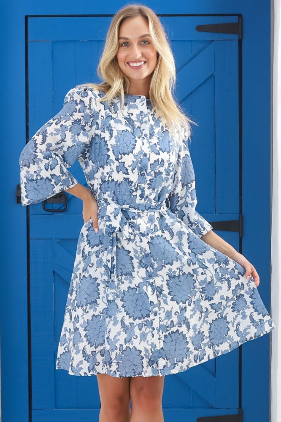 Dresses Salty Crush | Esther Mini Dress - High Mandarin Collar Buttoned Dress With Waist Tie In Demi Blue