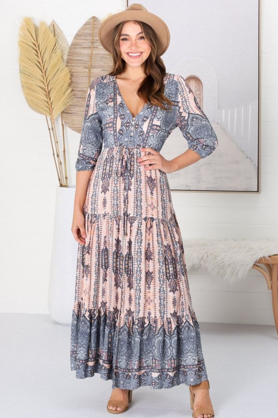 Dresses JAASE | Jaase - Tessa Maxi Dress: A Line Pull Tie Waist Dress In Caribbean Print