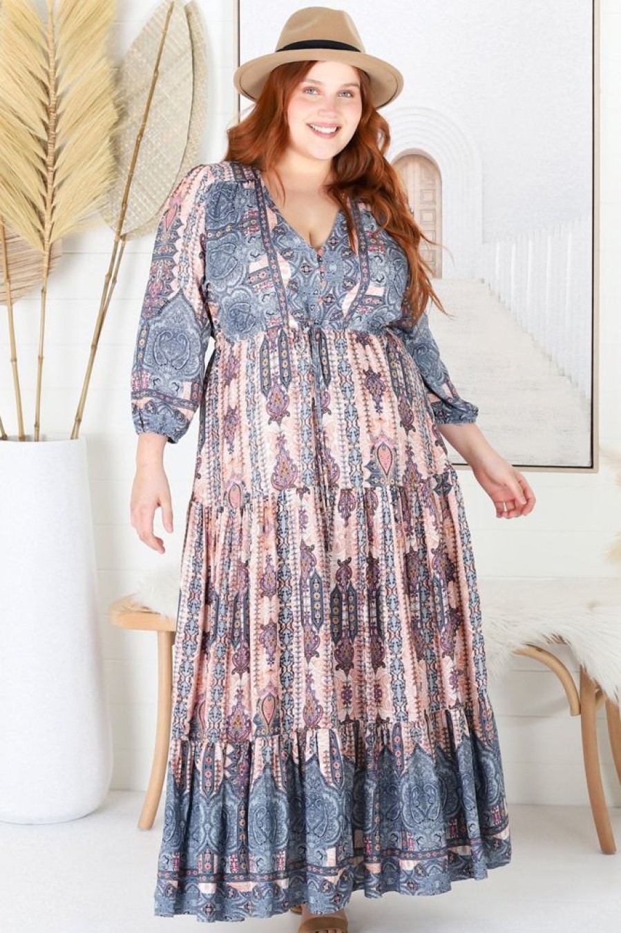 Dresses JAASE | Jaase - Tessa Maxi Dress: A Line Pull Tie Waist Dress In Caribbean Print