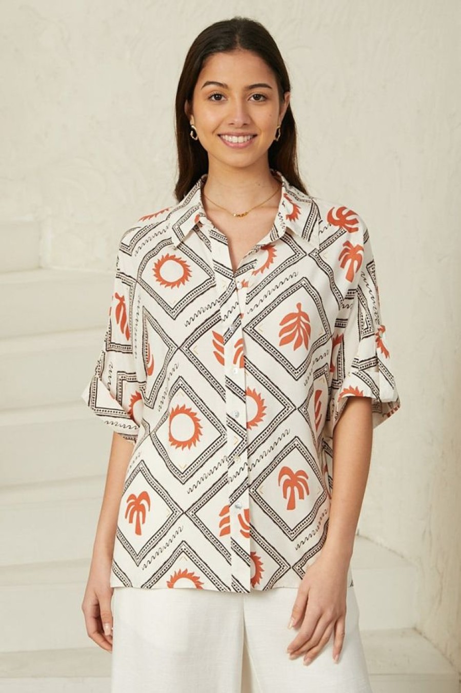 Tops Salty Crush | Dion Shirt - Collared Button Down Shirt In Tuscan Sun
