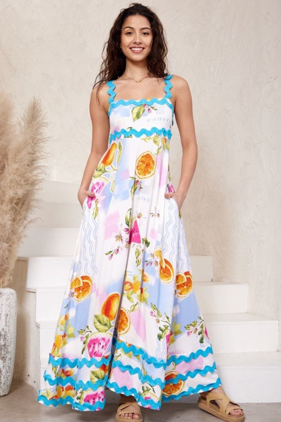 Dresses Salty Crush | Tina Maxi Dress - Milk Maid Neckline A-Line Dress With Wave Splicing In Summer Zest