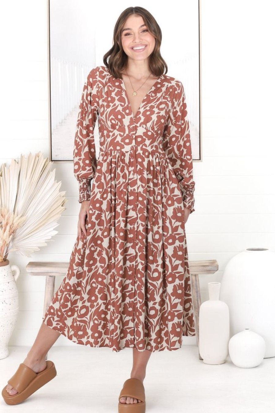 Dresses Salty Crush | Jolie Midi Dress - V Neck Button Down Dress In Emma-Jade Brown
