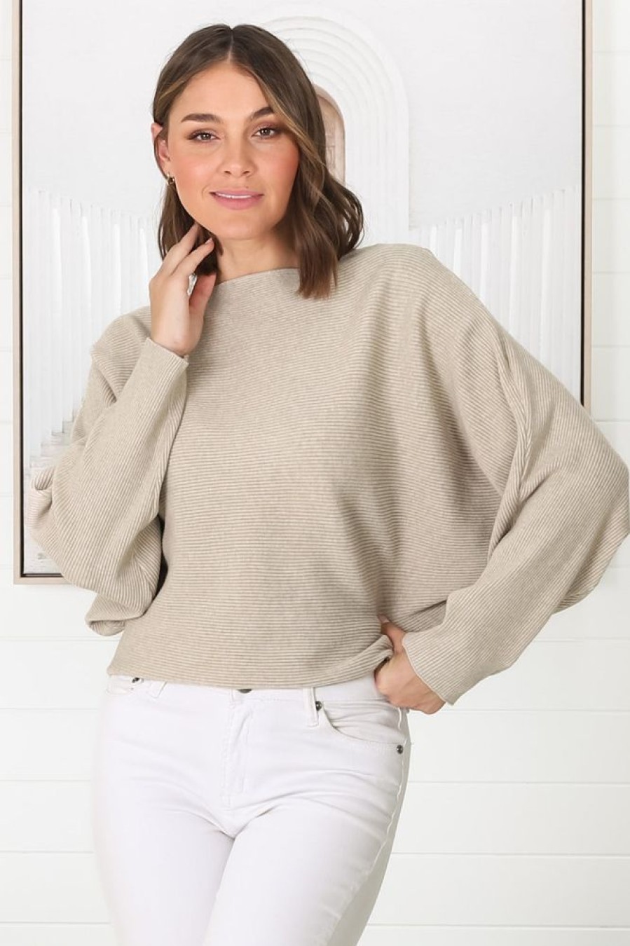 Tops Salty Crush | Havanah Knit Top - Boat Neckline Ribbed Top In Beige