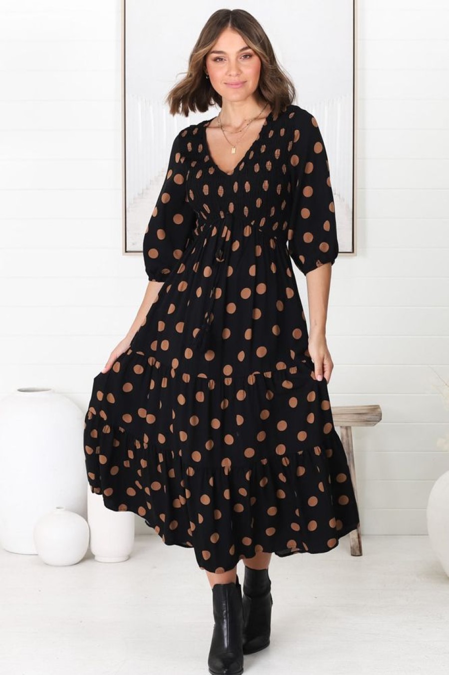 Dresses Salty Crush | Jaden Midi Dress - Elasticated Bodice A Line Dress In Our Mahony Print