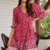 Accessories JAASE | Jaase - French Mini Dress: Yoke Neckline Dress With Matching Belt In Ruby Rouge Print