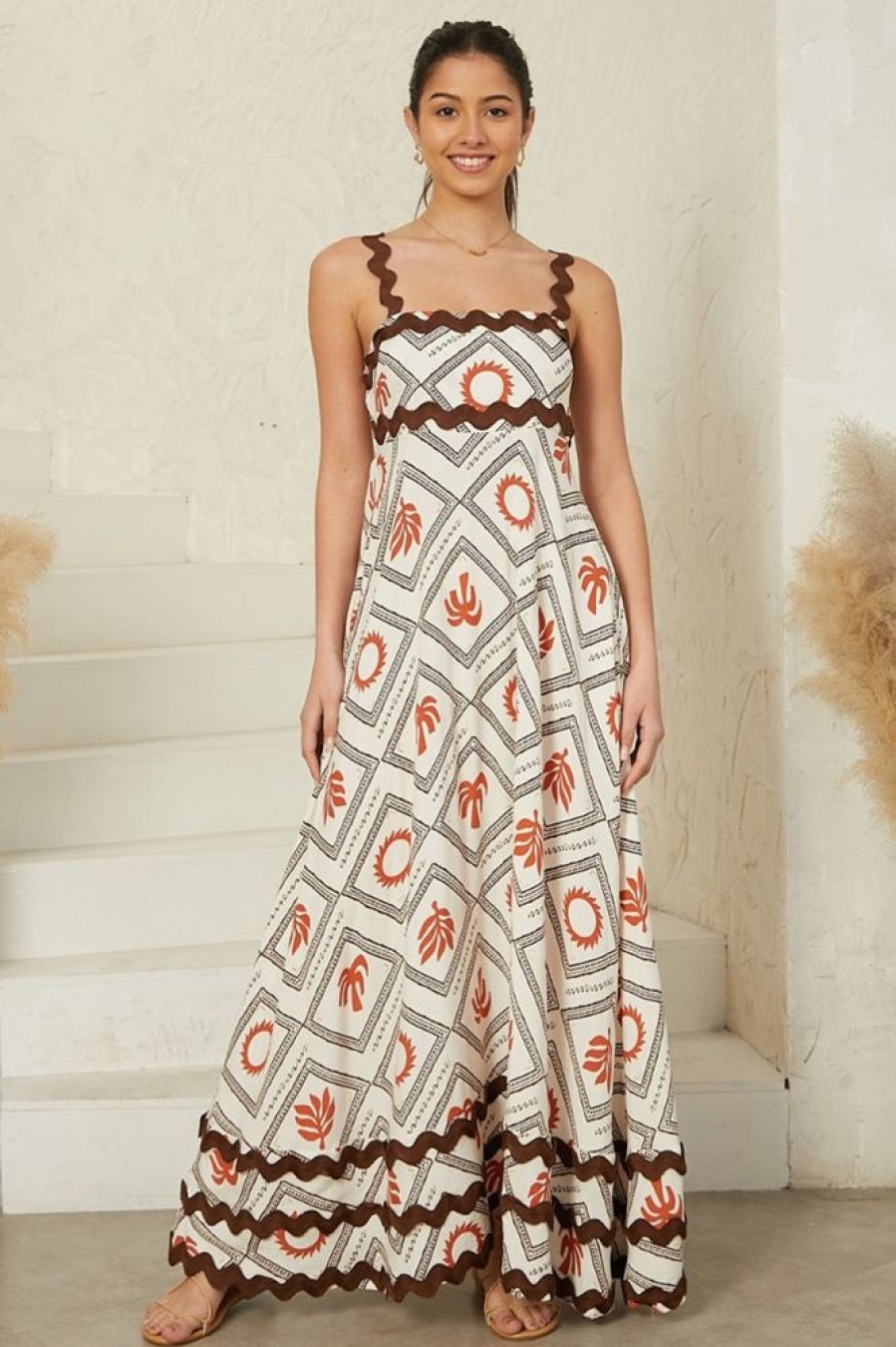 Dresses Salty Crush | Tina Maxi Dress - Milk Maid Neckline A-Line Dress With Wave Splicing In Tuscan Sun