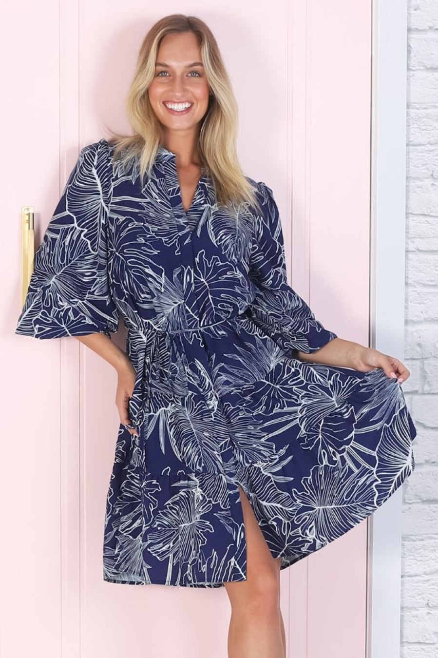 Dresses Salty Crush | Cadell Mini Dress: Mandarin Collar Buttoned Down Dress Palm Print In Blue