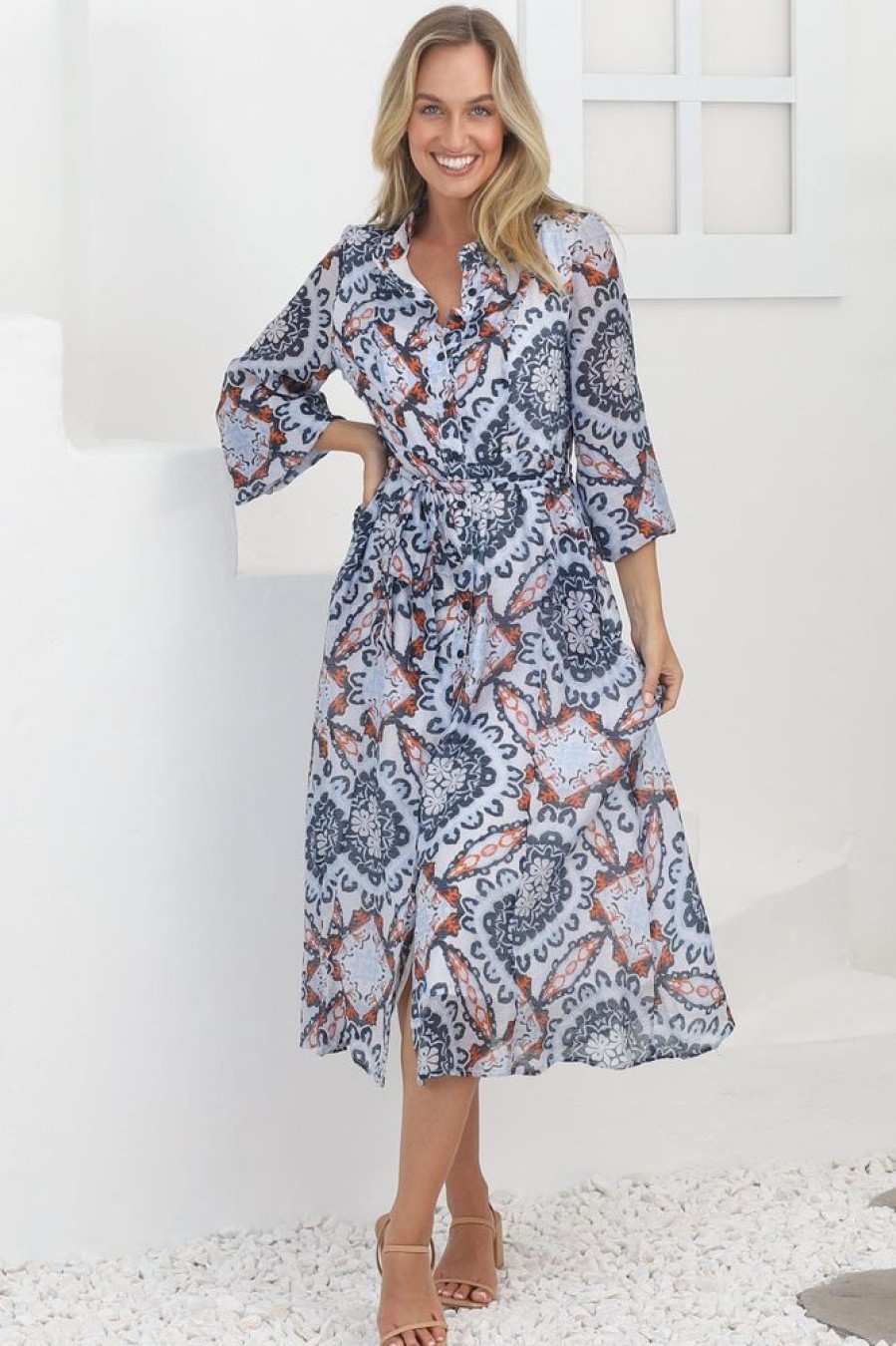 Dresses Salty Crush | York Midi Dress - Mandarin Collar Button Down Balloon Sleeve Dress In Raven Print