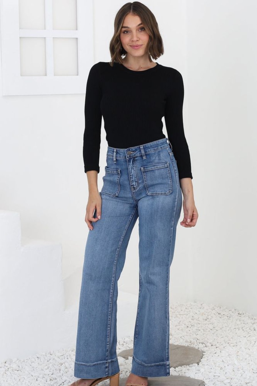 Bottoms Salty Crush | Cindy Wide Leg Jean In Mid Denim Wash