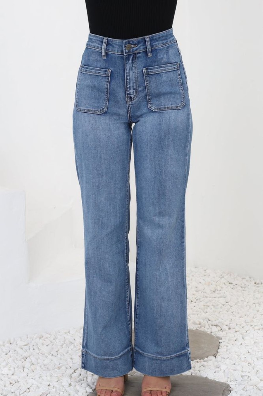Bottoms Salty Crush | Cindy Wide Leg Jean In Mid Denim Wash