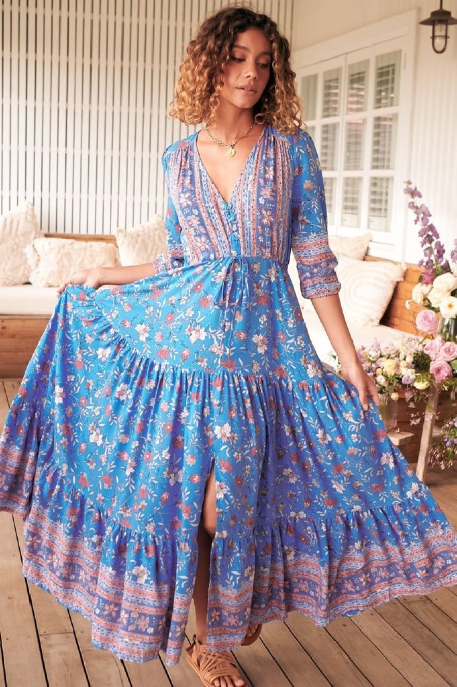 Dresses JAASE | Jaase - Tessa Maxi Dress: A Line Pull Tie Waist Dress In Josianne Print