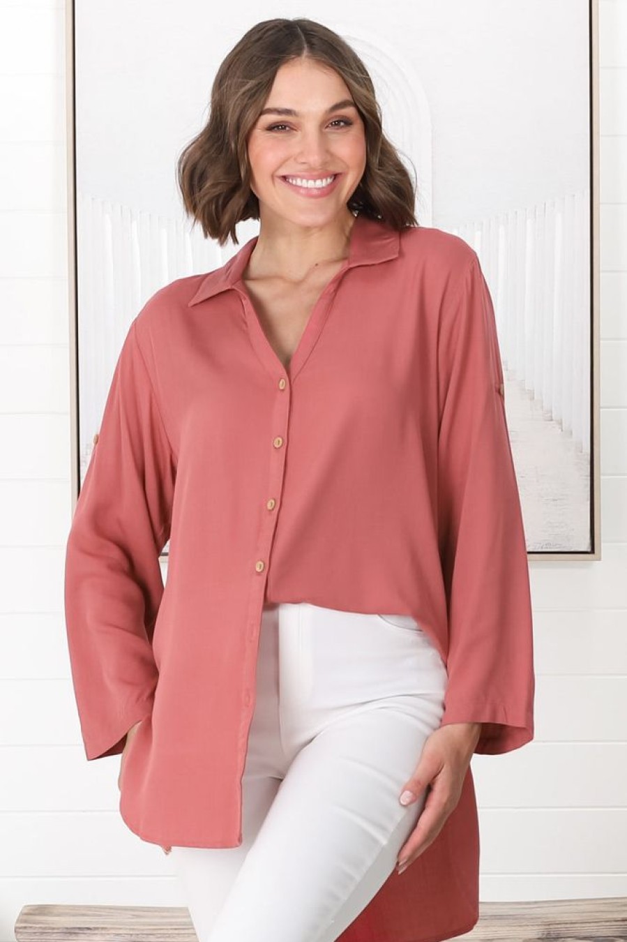 Tops Salty Crush | Tammy Shirt - Relaxed Button Down Shirt In Brick Red