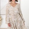Dresses Salty Crush | Lara Mini Dress - V Neck Long Sleeve Dress In Beige Jeani Print