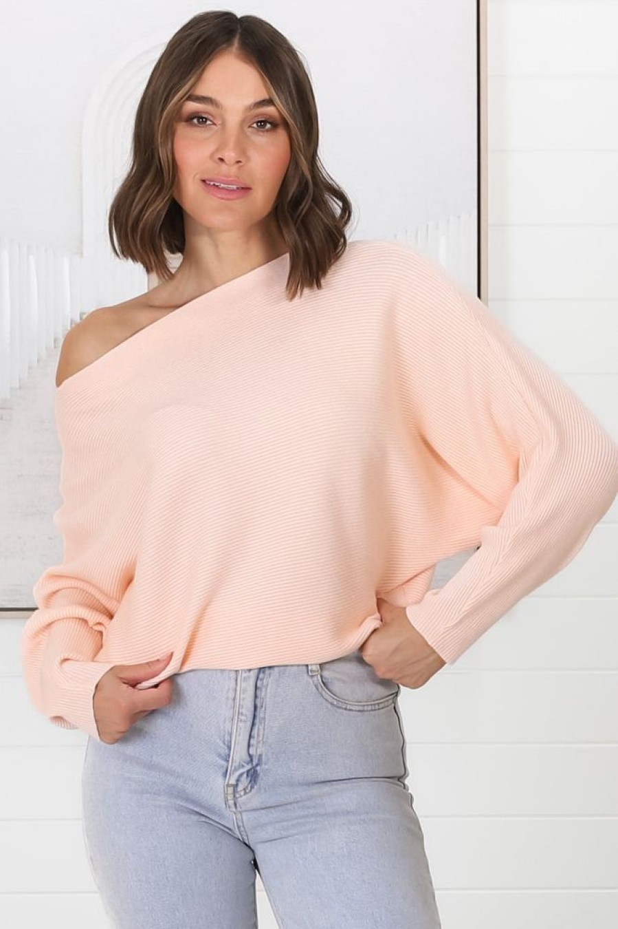 Tops Salty Crush | Havanah Knit Top - Boat Neckline Ribbed Top In Blush