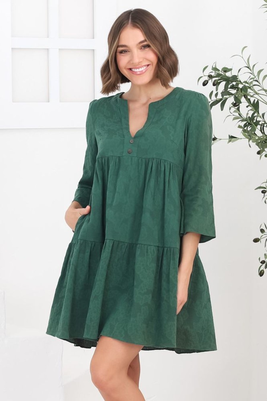 Dresses Salty Crush | Deedi Mini Dress - Metalesse Cotton Smock Dress In Green