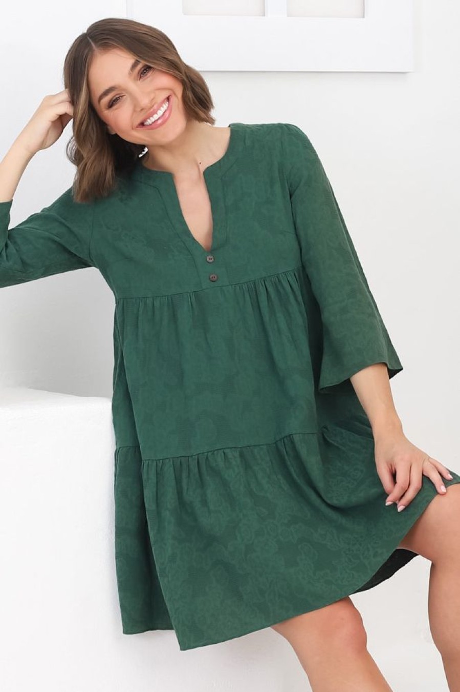 Dresses Salty Crush | Deedi Mini Dress - Metalesse Cotton Smock Dress In Green