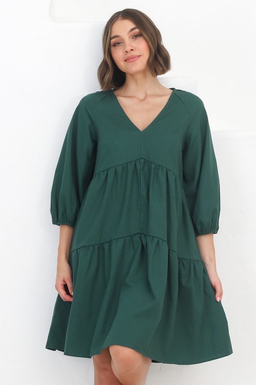 Dresses Salty Crush | Astara Mini Dress - V Neck Tiered Smock Dress In Green
