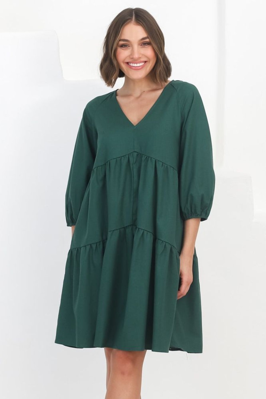 Dresses Salty Crush | Astara Mini Dress - V Neck Tiered Smock Dress In Green