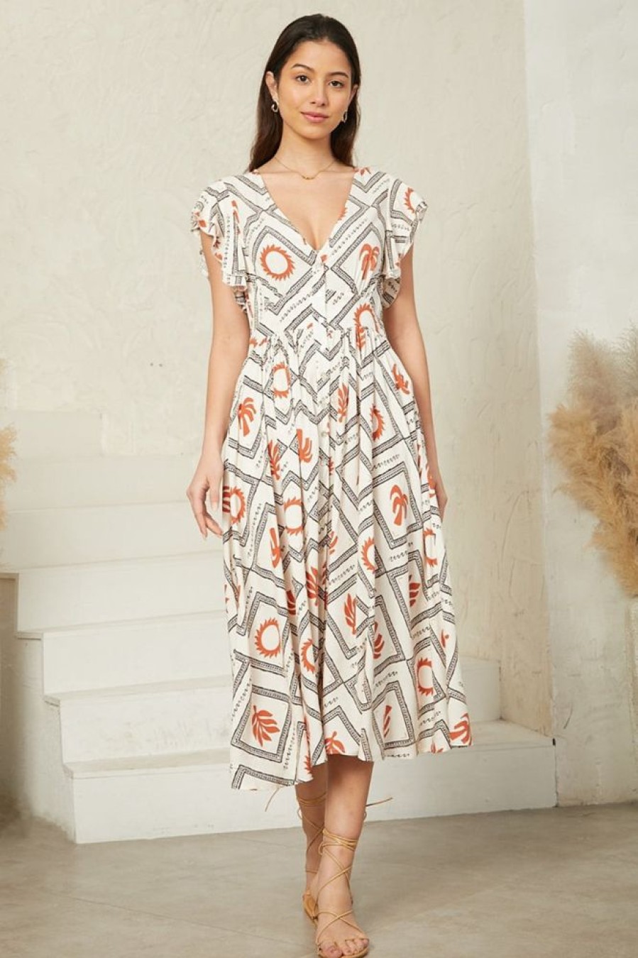 Dresses Salty Crush | Karah Midi Dress - V Neck Frill Sleeve Dress In Tuscan Sun