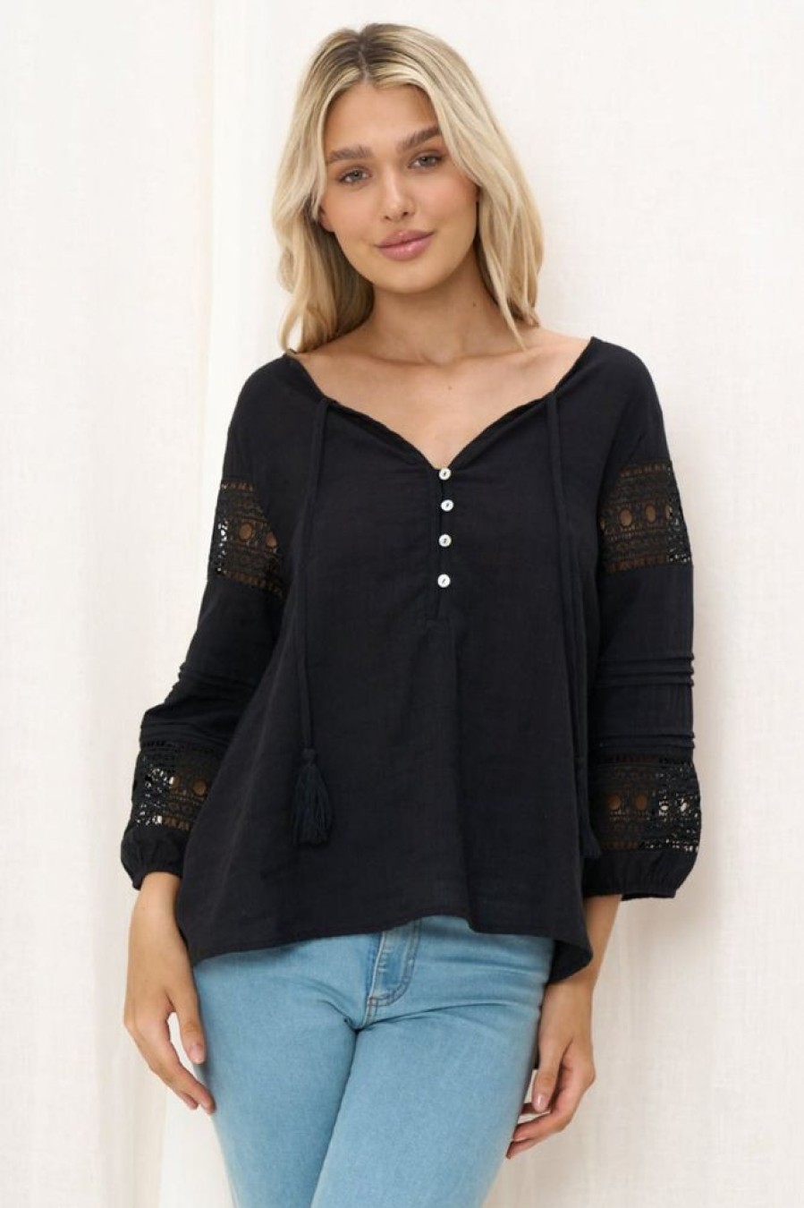 Tops Salty Crush | Susette Top - Buttoned Down Lace Insert Detailing Long Sleeve Top In Black