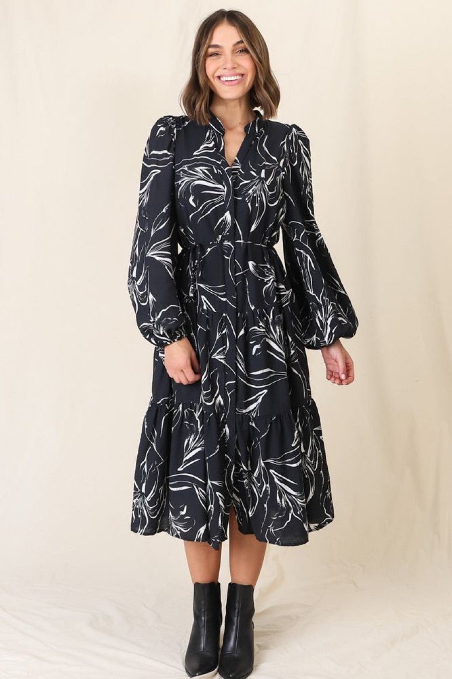Dresses Salty Crush | Brea Midi Dress - High Mandarin Collar Button Down Dress In Ivy Print Black