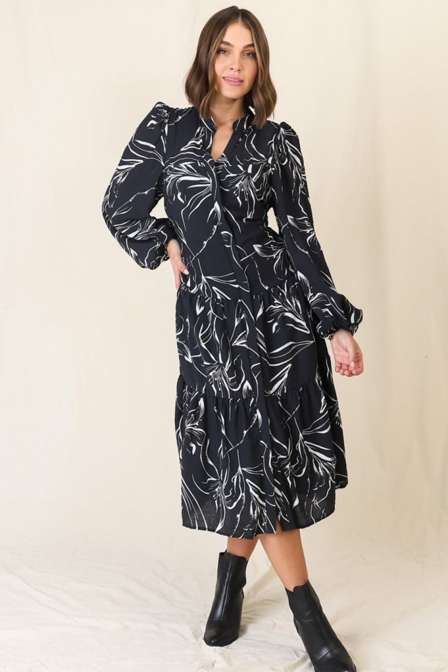 Dresses Salty Crush | Brea Midi Dress - High Mandarin Collar Button Down Dress In Ivy Print Black
