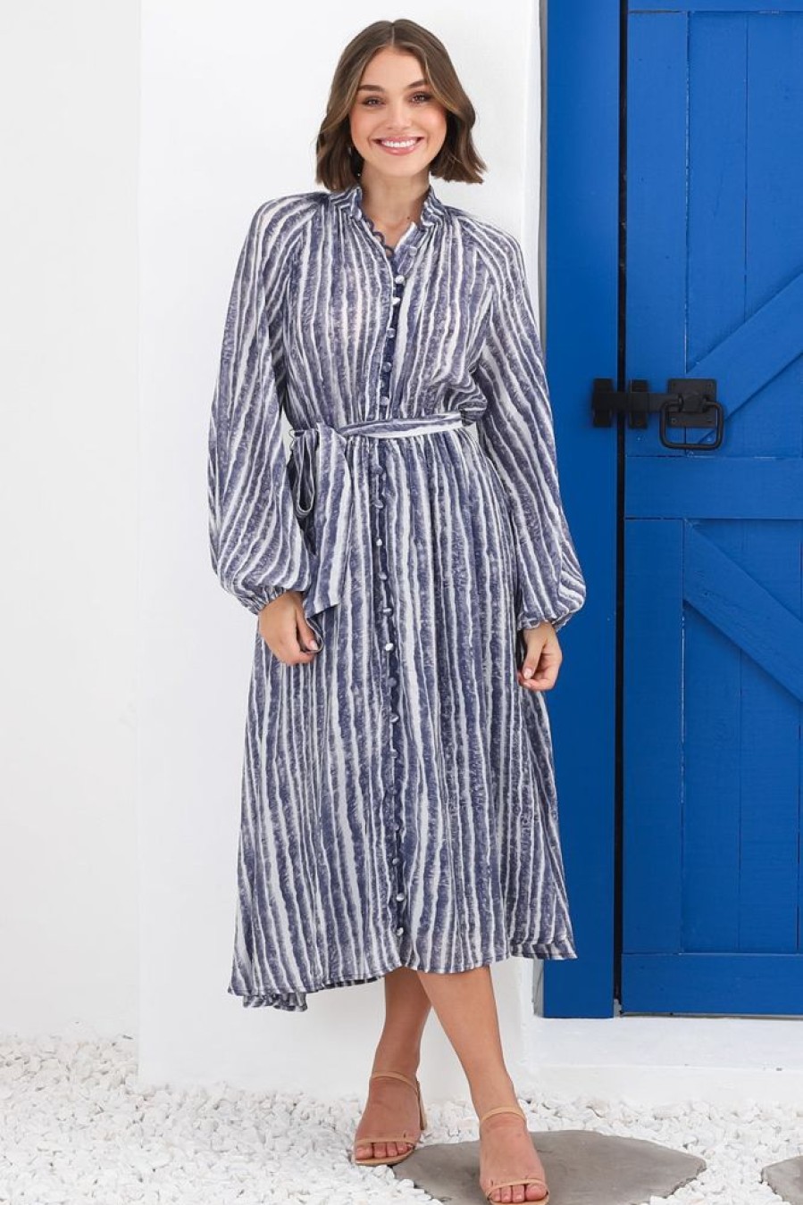Dresses Salty Crush | Edda Midi Dress - Mandarin Collar Button Down Dress In Lisbon Print