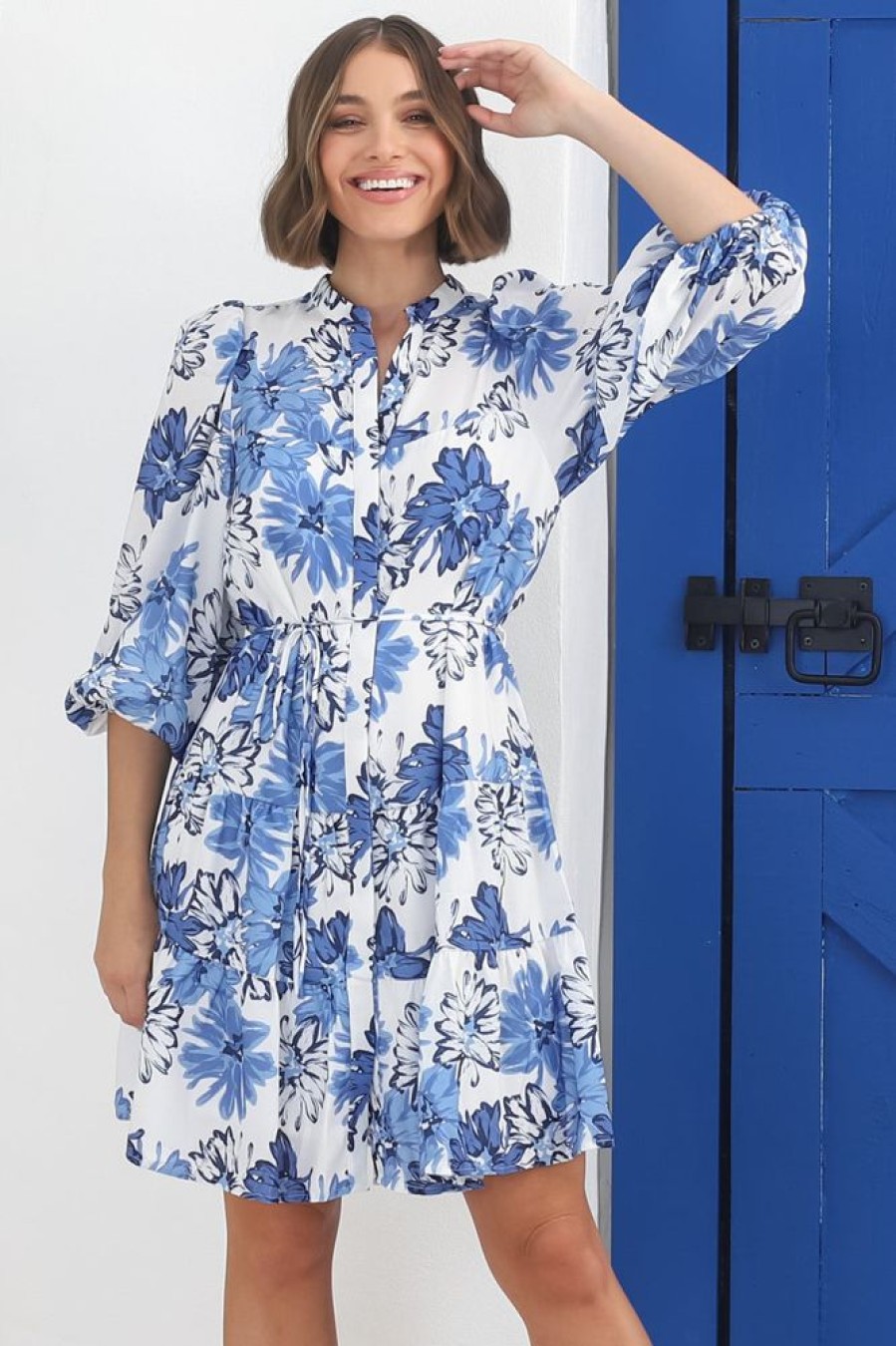 Dresses Salty Crush | Cadell Mini Dress: Mandarin Collar Buttoned Down Dress Aria Print In Blue