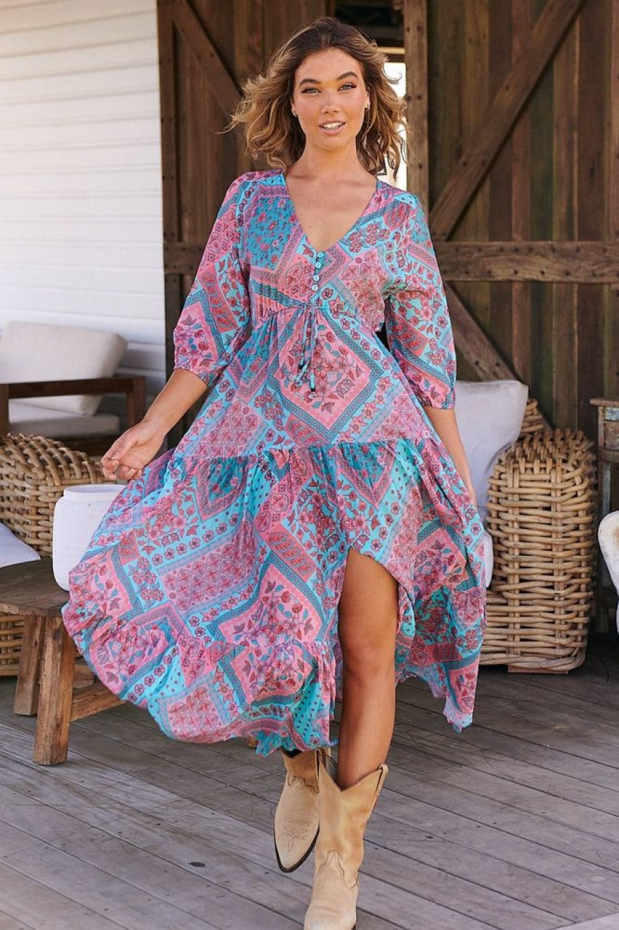 Dresses JAASE | Jaase - Tessa Maxi Dress: A Line Pull Tie Waist Dress In Luana Print