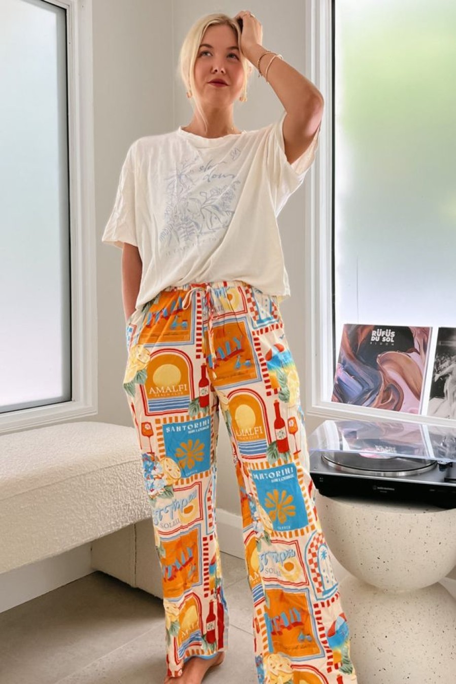 Bottoms jaase | Jaase - Cici Pants: Mid Rise Relaxed Wide Leg Pant In Sun Lounger Print